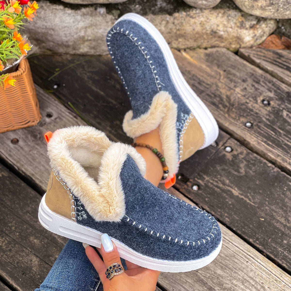 Women Cotton Shoes New 2025 Slip-On Winter Boots Thickened Fluff Lined Flat Bottom Snow Boots Warm Round Toe Leisure Shoes Zpaxo Navy blue 40