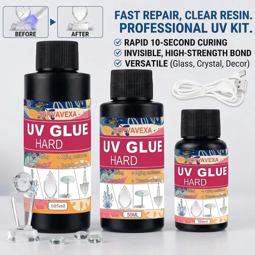 30/50/105ml SERVAVEXA UV Glue Hard Kit Rapid Curing Transparent Adhesive with USB UV Lamp for Glass Crystal Jewelry Craft DIY Zpaxo