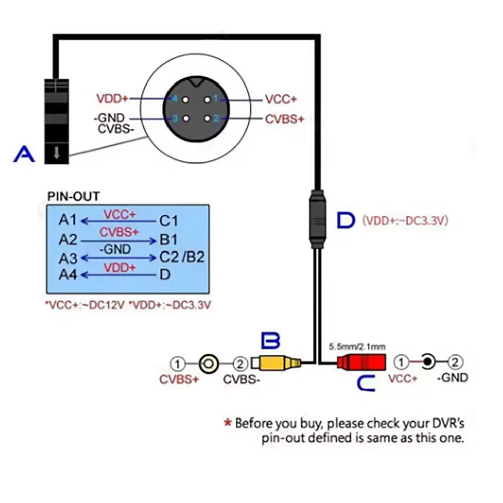 Car Camera Cable 4 Pin Male RCA Video Power Female Signal Harness