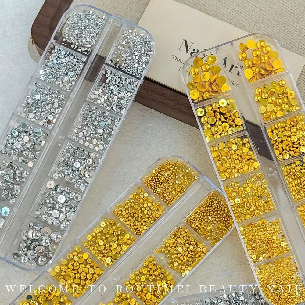 Gold Silver 3D Half Round Pearls Nail Charms Mixed-sizes Caviar Beads Zpaxo