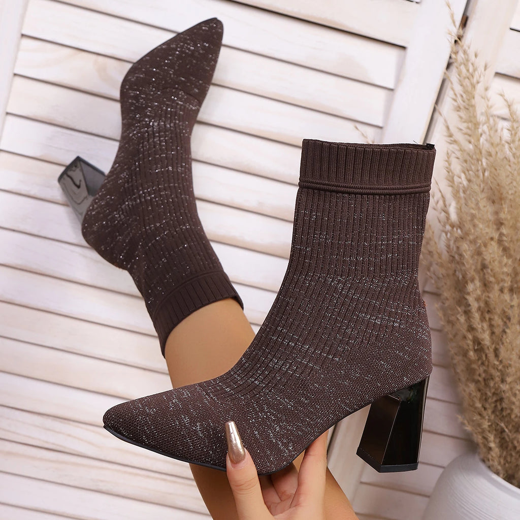 2025 New Women Fashion Ankle Boots Chunky Slip on Plus-size Shoes Pointy Solid Color Shoes Stretch Knitted Sock Boots Women Zpaxo Brown 36