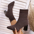 2025 New Women Fashion Ankle Boots Chunky Slip on Plus-size Shoes Pointy Solid Color Shoes Stretch Knitted Sock Boots Women Zpaxo Brown 36