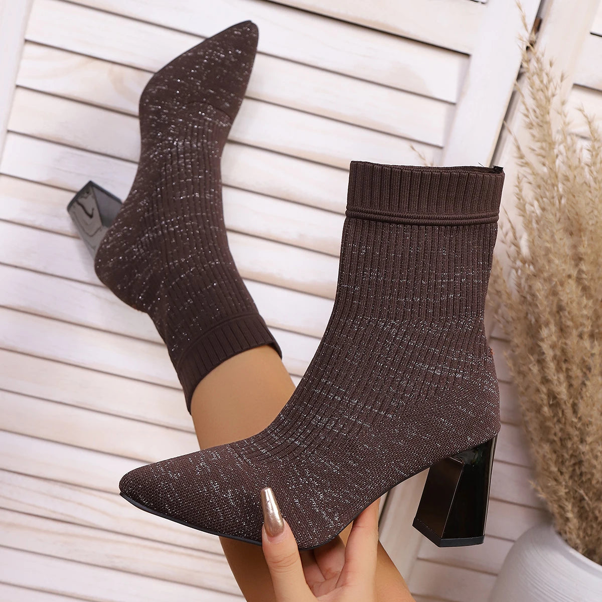 2025 New Women Fashion Ankle Boots Chunky Slip on Plus-size Shoes Pointy Solid Color Shoes Stretch Knitted Sock Boots Women Zpaxo Brown 36