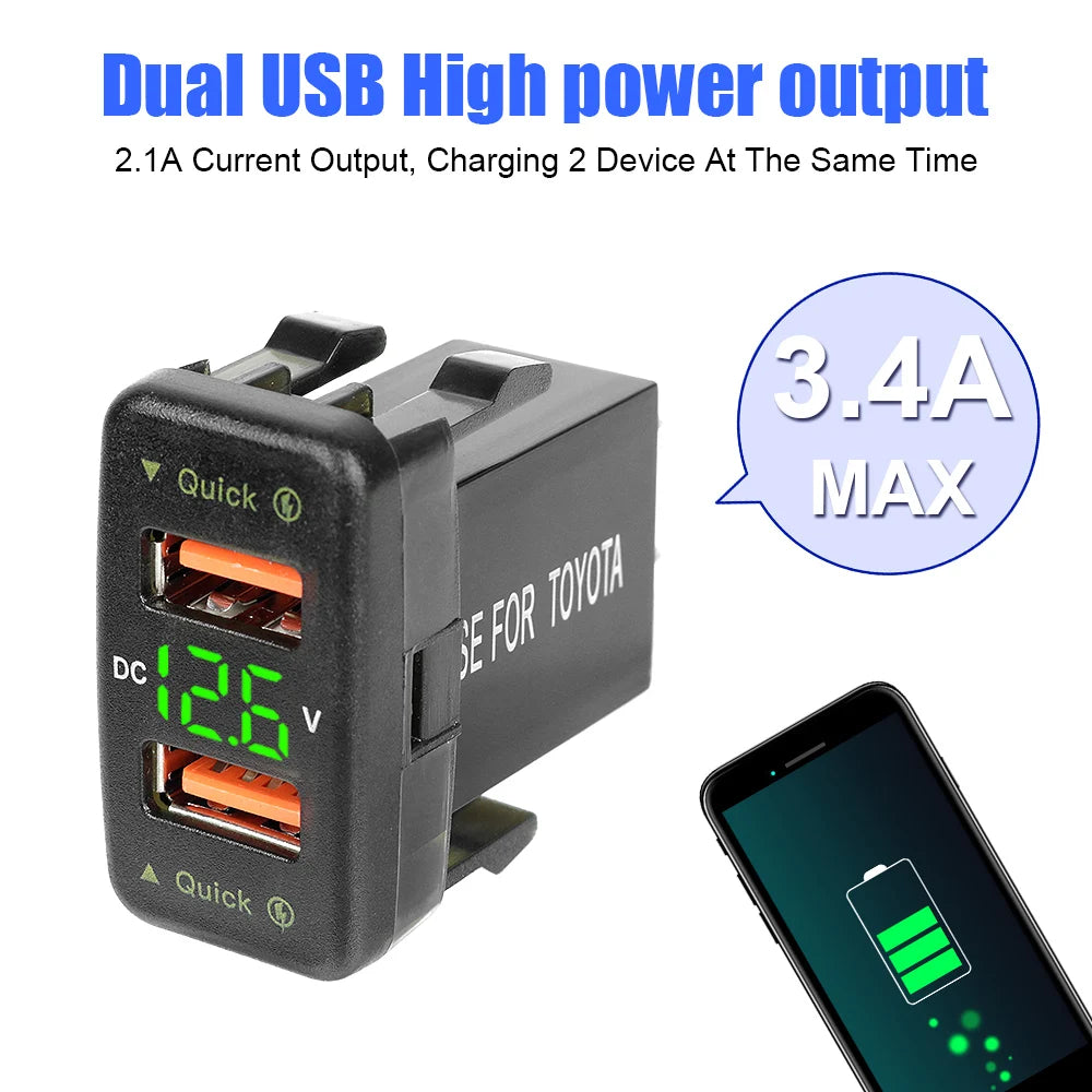QC 3.0 USB Charger For Toyota Corolla Yaris RAV4 Car Power Adapter Socket Fuse LED Indicator Voltmeter Test Interior Accessories Zpaxo