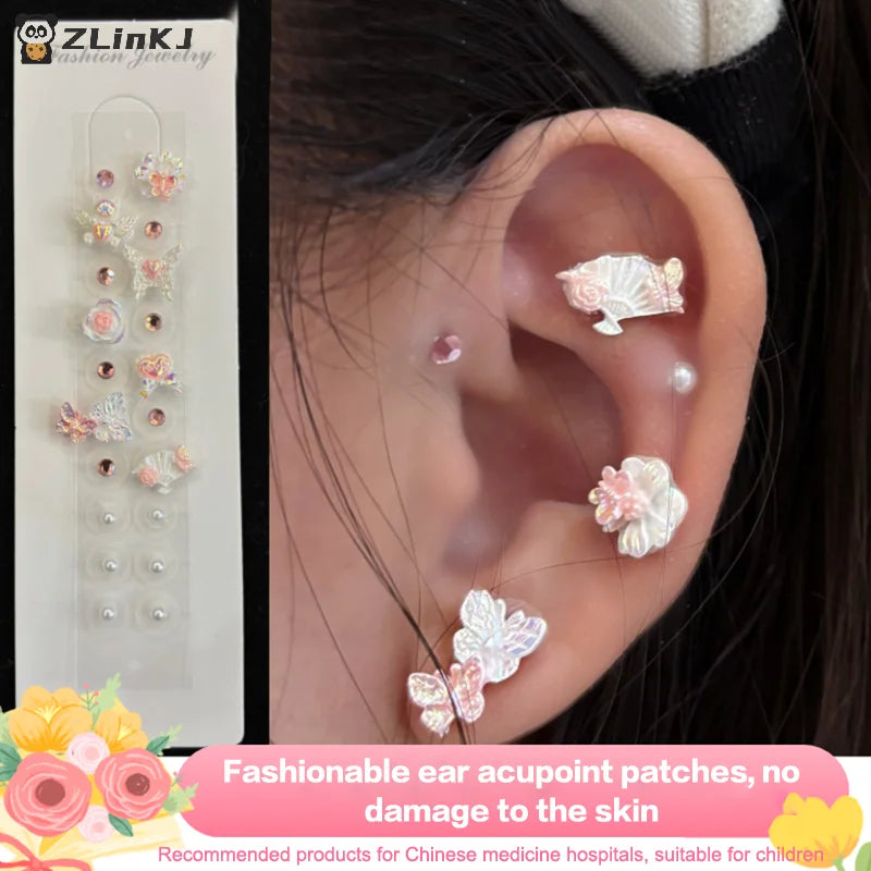 20 Patches Ear Acupuncture Stickers Bowknot Colorful Flower Rhinestones Ear Point Stickers Ear Pressure Stick Zpaxo