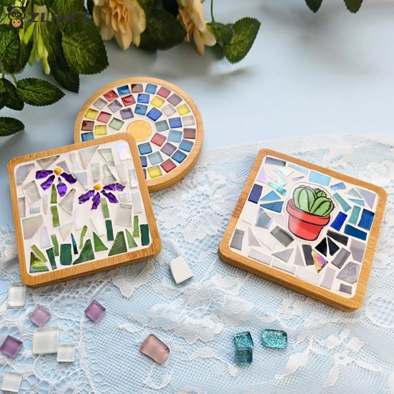 ▶Handmade DIY Mosaic Cup Mat Bottom Bamboo Pad Early Education Free Creation Handicraft Toys Craft Easy Making Birthday Gift Zpaxo
