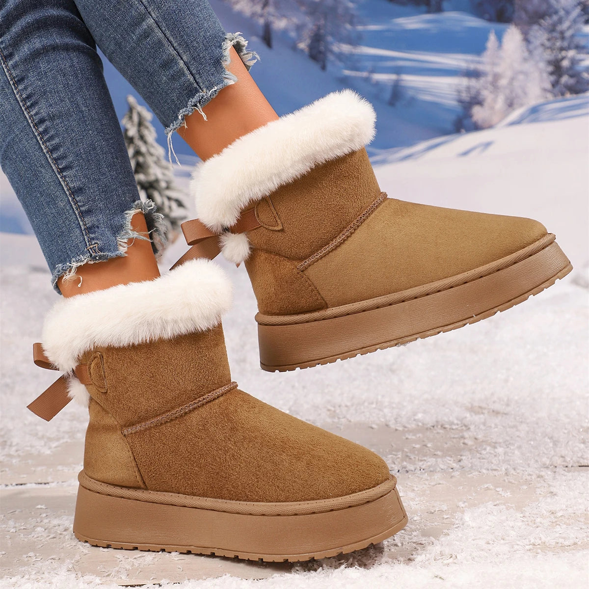 Fashionable Bow Round Toe Elegant Snow Boots Winter Flat Wear-resistant Comfortable Soft Students Plus Velvet Warm Women Shoes Zpaxo