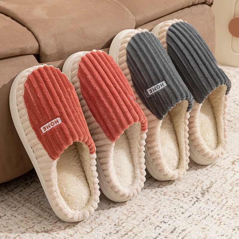 Cotton Slippers Women Men Winter Home Striped Warm Anti Slip Slides