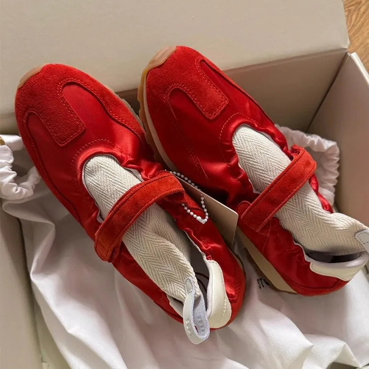 Flat Shoes for Women Spring Autumn 2025 Thick Soled Round Toe Red Casual Ballet Sneakers for Women Retro Mary Jane Shoes Zpaxo Red 35