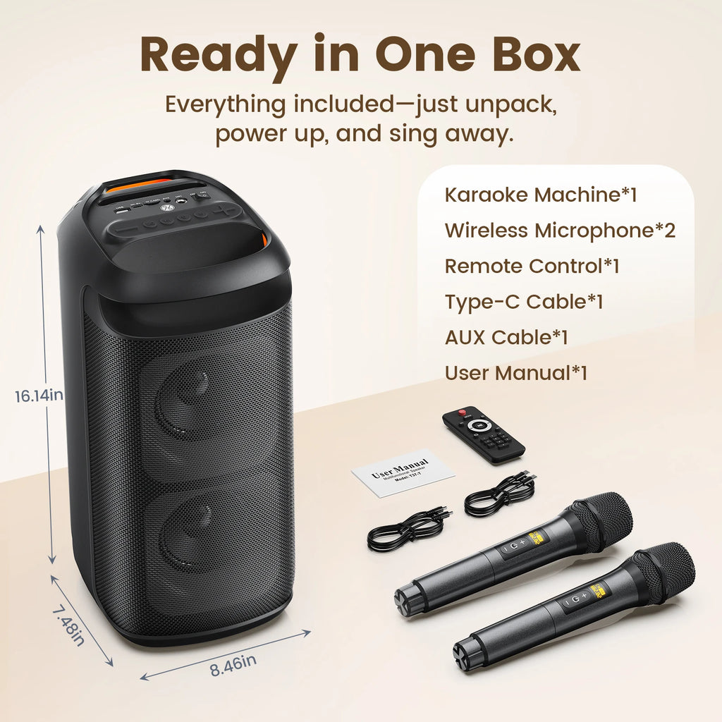 T37 Karaoke Machine 2 Wireless Microphones LED Lights 3D Sound Echo