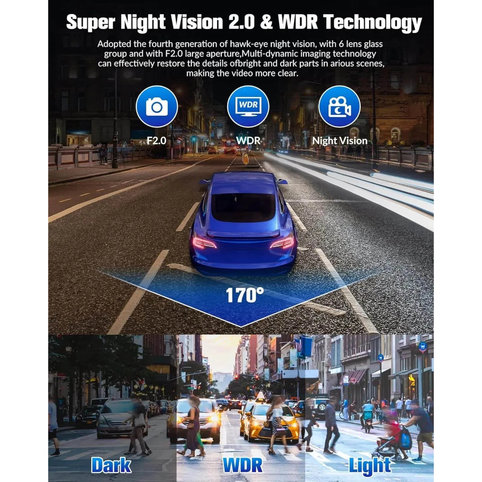 Dual Lens Wifi Dashcam 3 Channels Car Camera Video Recorder Night