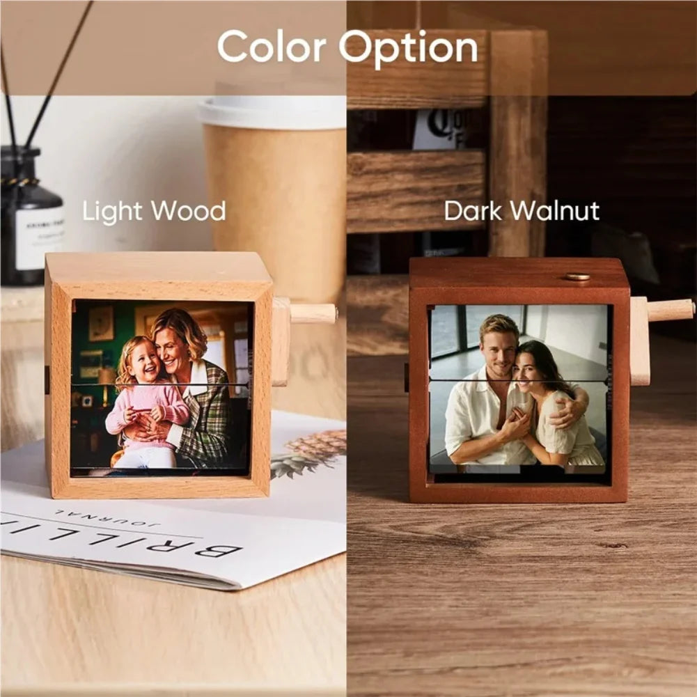Custom Photo Flip Book Frame Photo Animation Box Hand-cranked Photo Album Wooden Rotating Memory Box with Light Gift Zpaxo