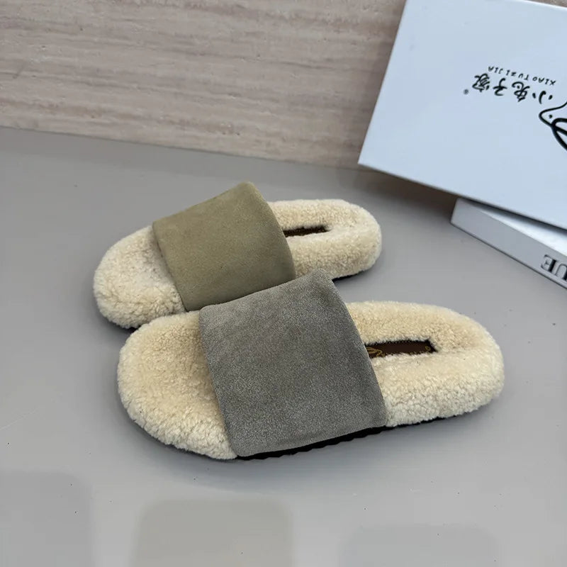 Flats Women Slippers Fur Casual Shoes Suede 2025 Winter Open Toe