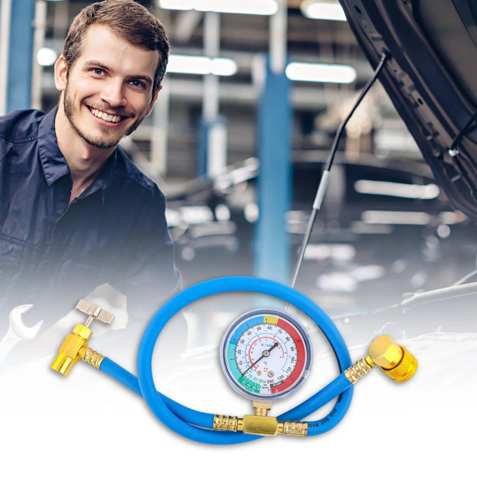 R1234YF AC Refrigerant Can Hose Gauge Charging Measuring Fits Car Air