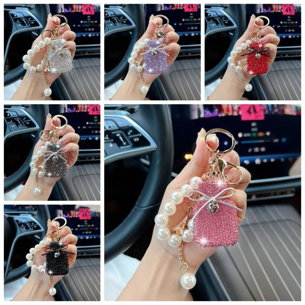 Charming Gift Bow Knot Shape Keychain Pearls Tassel Rhinestone Keyring Rhinestone Inlaid Cute Shape Shape Keyring Decor Zpaxo