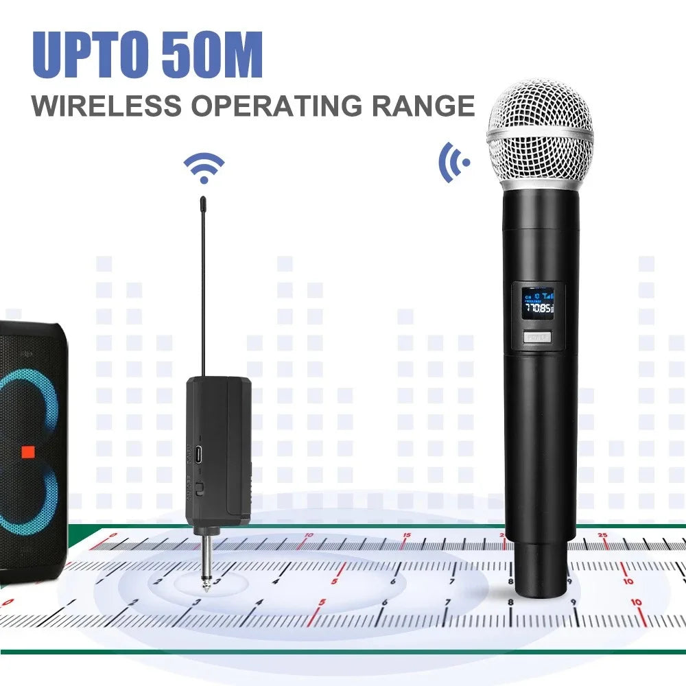 Wireless Microphone 2 Channels UHF Handheld Mic Rechargeable Karaoke