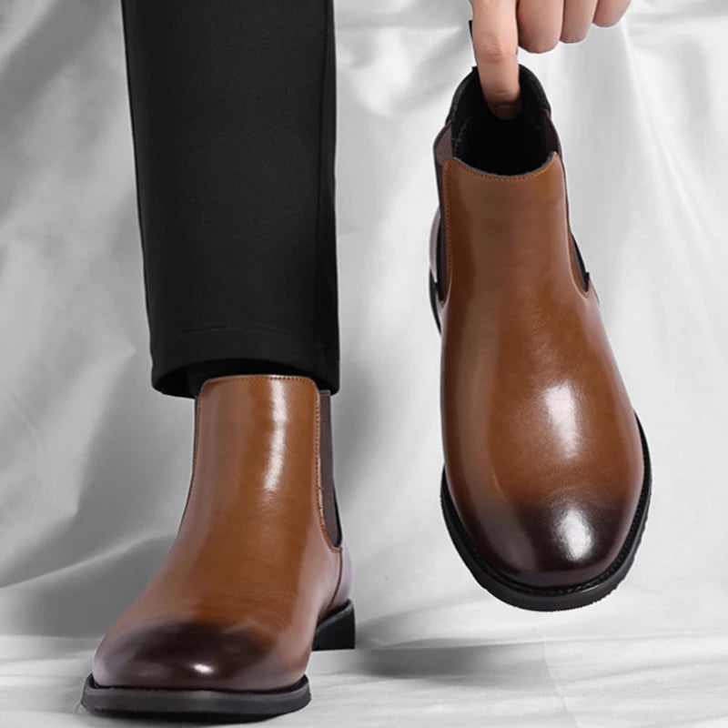 Mens Brown Chelsea Boots Leather Elastic Band Slip Ankle British Zpaxo