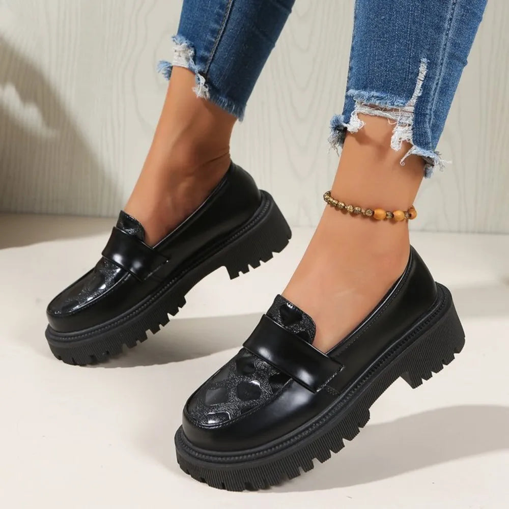 Casual Platform Loafers Woman 2025 British Black Brown PU Leather