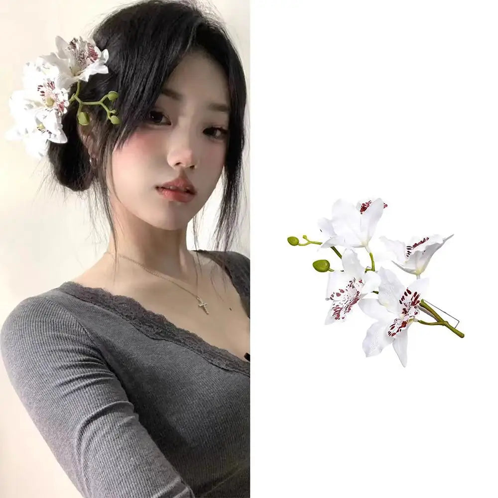 Popular Orchid Flower Fairy Hairpins Spring Summer Artificial Flowers Floral Barrette Wedding Party Hair Clips for Women Girls Zpaxo