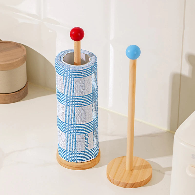 Kitchen Wooden Roll Paper Towel Holder Bathroom Tissue Vertical Stand