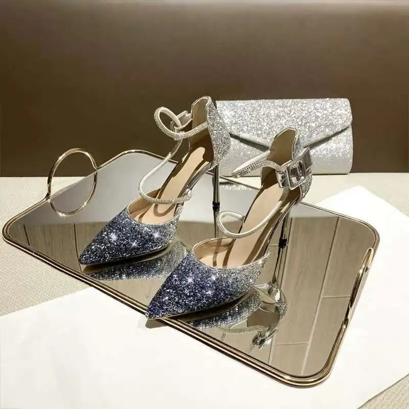 French Girl Gradient Heels 2025 Arrival Sequin Crystal Wedding Shoes
