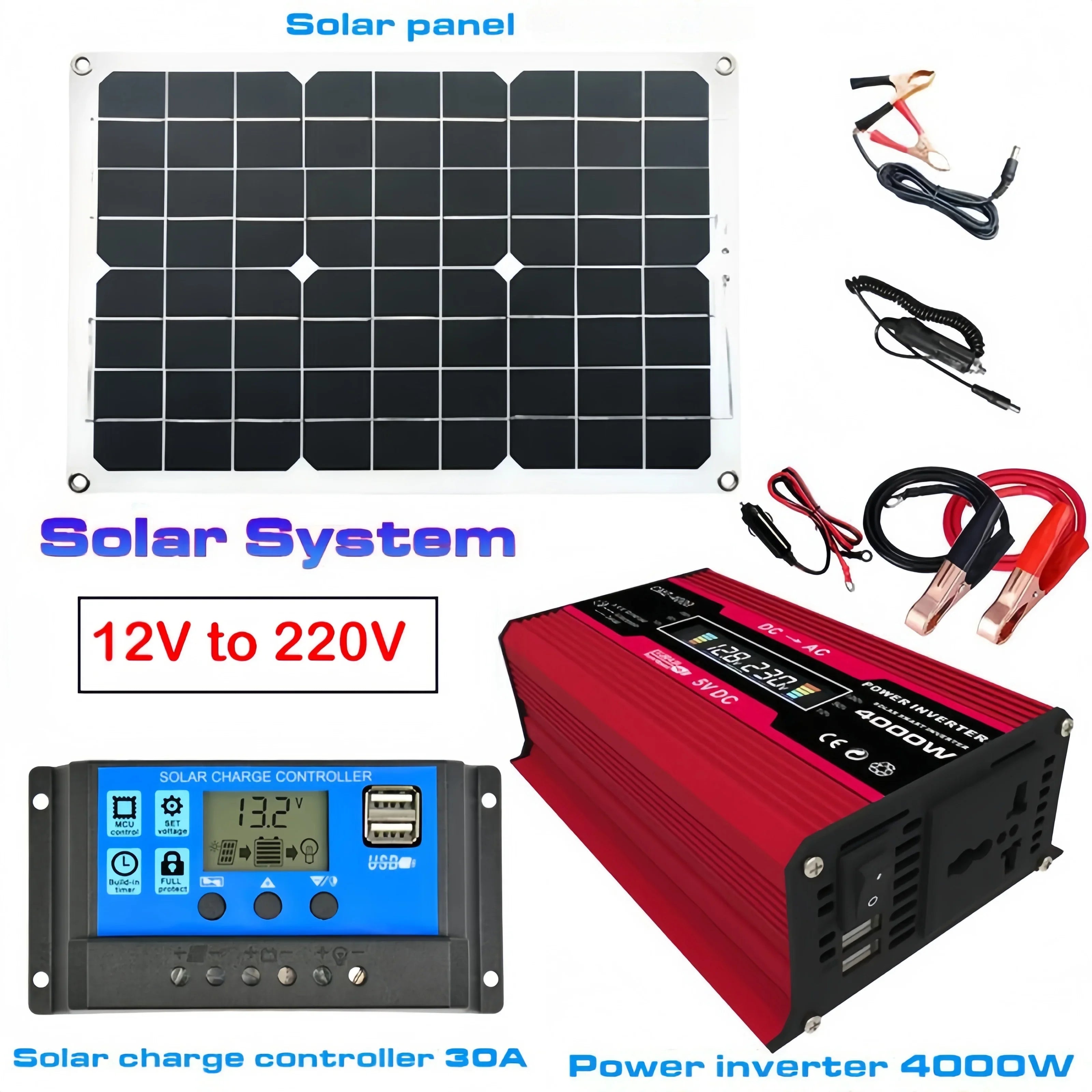 110V/220V 600W Solar Panel 30A Charge Controller 4000W Modified Sine Wave Inverter for Solar Panels Power Generation Zpaxo 12V to 220V 4000W