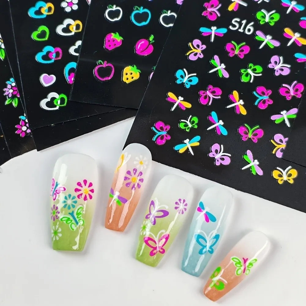 Glittery 3D Nail Stickers Glossy Colorful Glow In The Dark Nail Stickers Fluorescence Floral Design Neon Nail Stickers Zpaxo