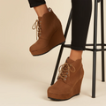 2025 New Women Boots Plus Size Chunky Platform Ankle Boots Woman Autumn Winter Booties Fashion Lace Up Wedge Shoes for Women Zpaxo Brown 42