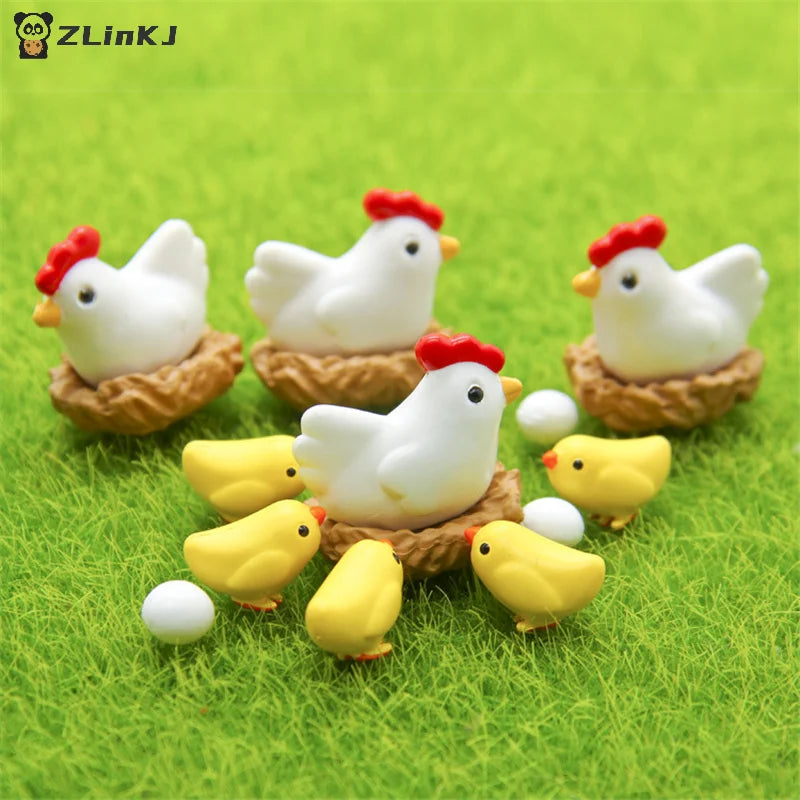 ▶10Pcs Figurines Cute Family Garden Miniatures Artificial Micro Landscape (2hens + 2nests + 3little Yellow Chickens + 3eggs) Zpaxo