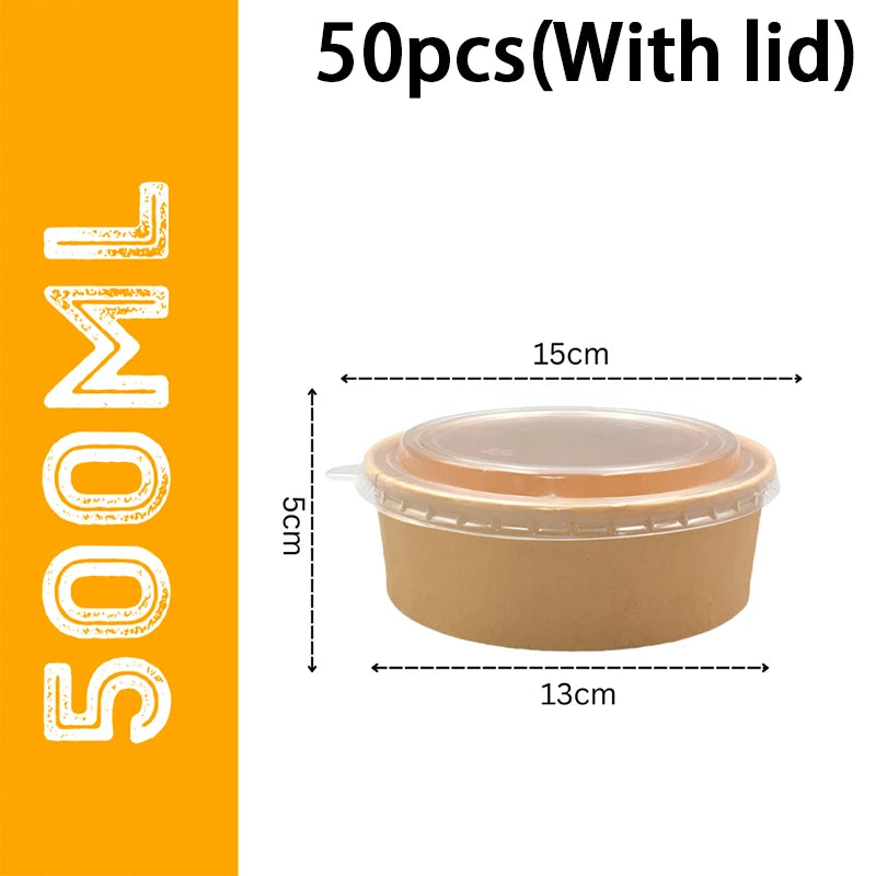 50-Pack 750mldisposable Salad Bowls Kraft Paper Transparent Lids Zpaxo 500ml x 50