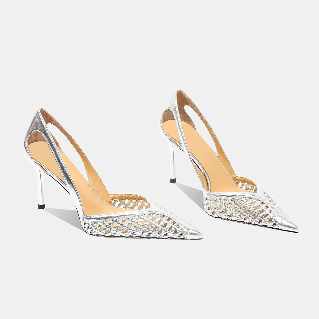 Women Pumps Fashion Hollow Weaving Shoes Pointed Tip Heels Stiletto Zpaxo