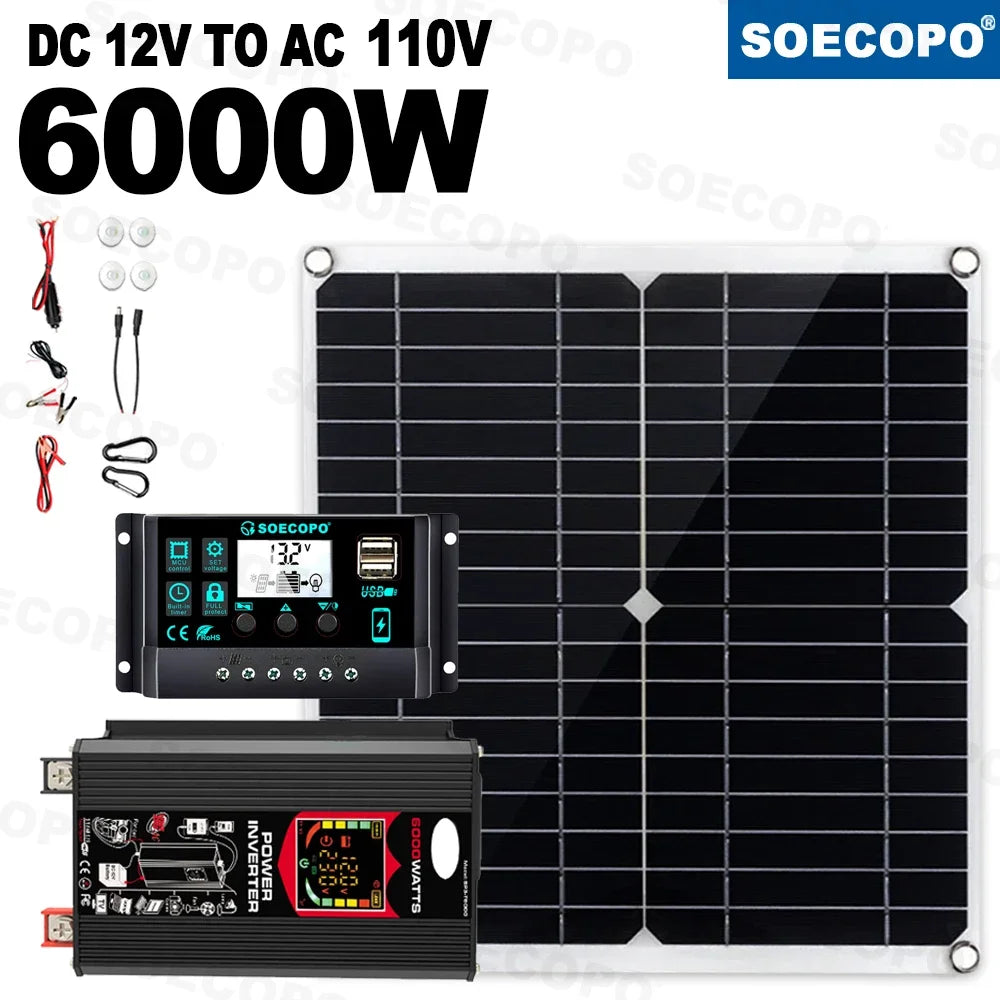 SOECOPO 6000W Solar System DC12V to AC110V 220V 100A MPPT Controller 300W Panel Inverter for Home RV Camping Power Backup CE FCC Zpaxo Solar kit 110V