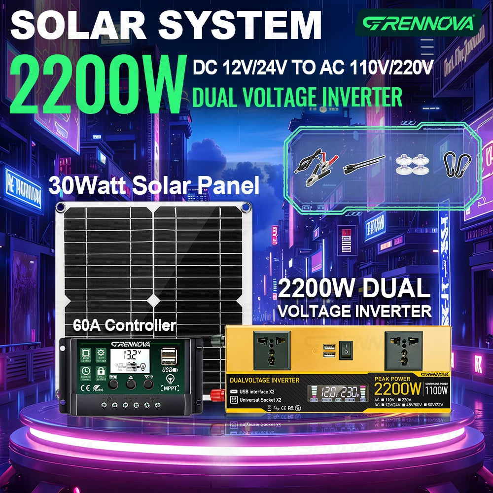 High Quality 2200W Grennova Solar Power Kit W/H Inverter Controller Panel Kit Complete Off-Grid System Real Capacity DIY Setup Zpaxo