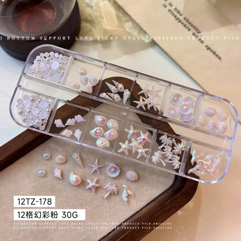 Mixed Summer Aurora Shell Nail Rhinestone Ocean Theme Starfish Coconut Tree Resin Nail Charm Decoration DIY Manicure Accessories Zpaxo B-12 Grids