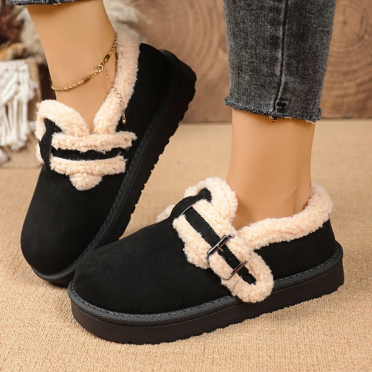 Women Boots Fashion Faux Fur Shoes for Women Winter Thick Bottom Non Slip Ankle Boots Warm Metal Belt Buckle Snow Boots Women Zpaxo black 37