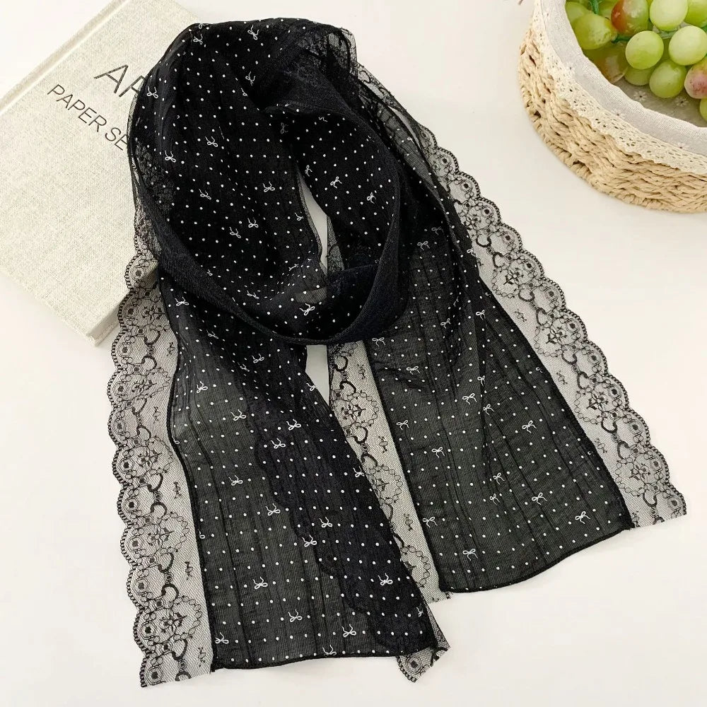 Elegant Butterfly Knot Silk Scarf Polka Dot Lightweight Drifting Belt Lace Edge Women Headscarf Zpaxo Black