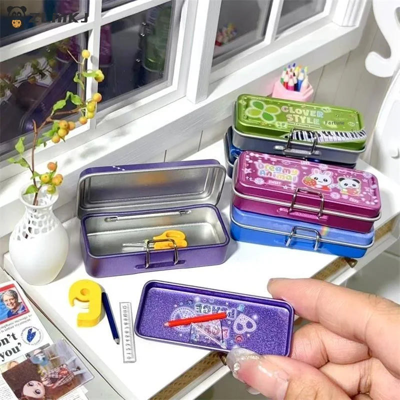 ▶Dollhouse Miniature Double Layer Iron Pencil Box Pen Ruler Measuring Tape Scissors Model Micro Landscape Decor Pretend Play Toy Zpaxo