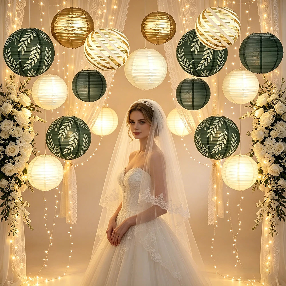 12-Piece Sage Green Hanging Paper Lanterns Wedding Decoration Rustic