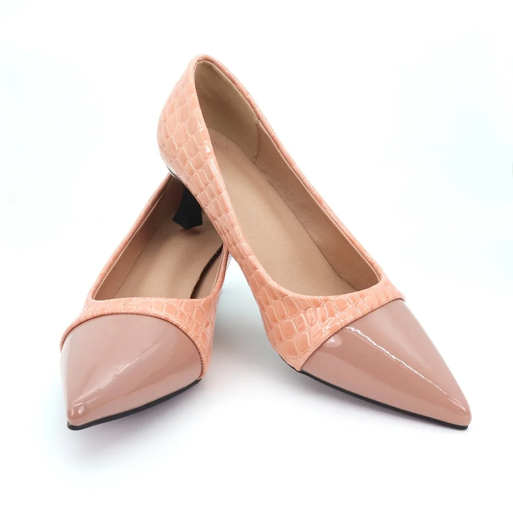 Nude Pink Pointed Toe Block Heel Pumps – Faux Leather