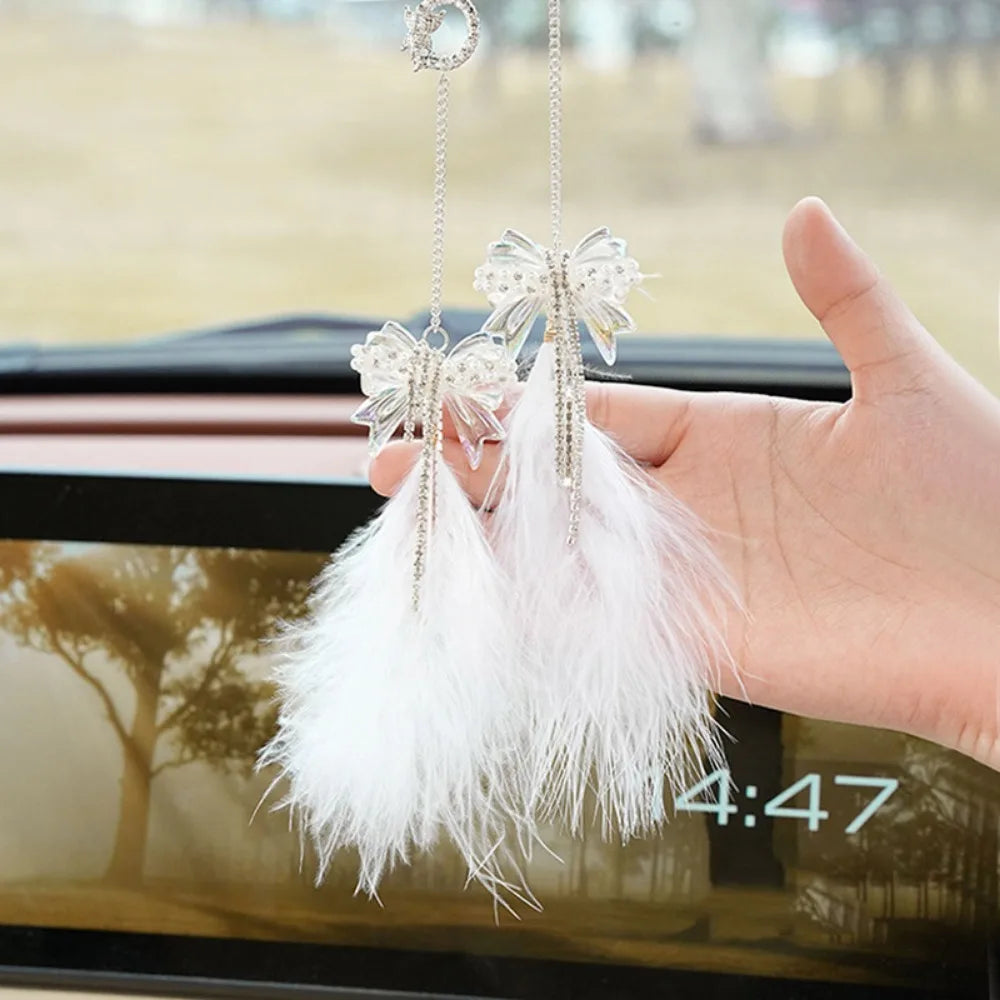 Soft Double Bow Feather Car Pendant Elegant Pony Feathers Pendants Zpaxo Style 1