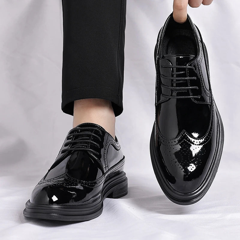 Glossy Patent Leather Brogue Perforated Carved Formal Dress Shoes Zpaxo