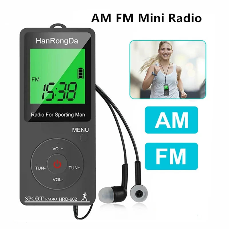 Portable AM FM Mini Radio LED Display Pedometer Headphones Digital