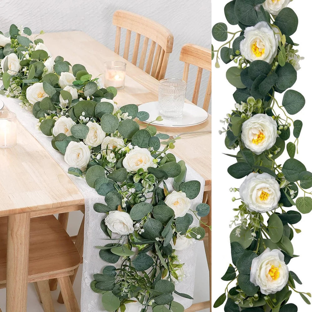 Artificial Eucalyptus Garland Wreath White Flowers Home Festival Wall