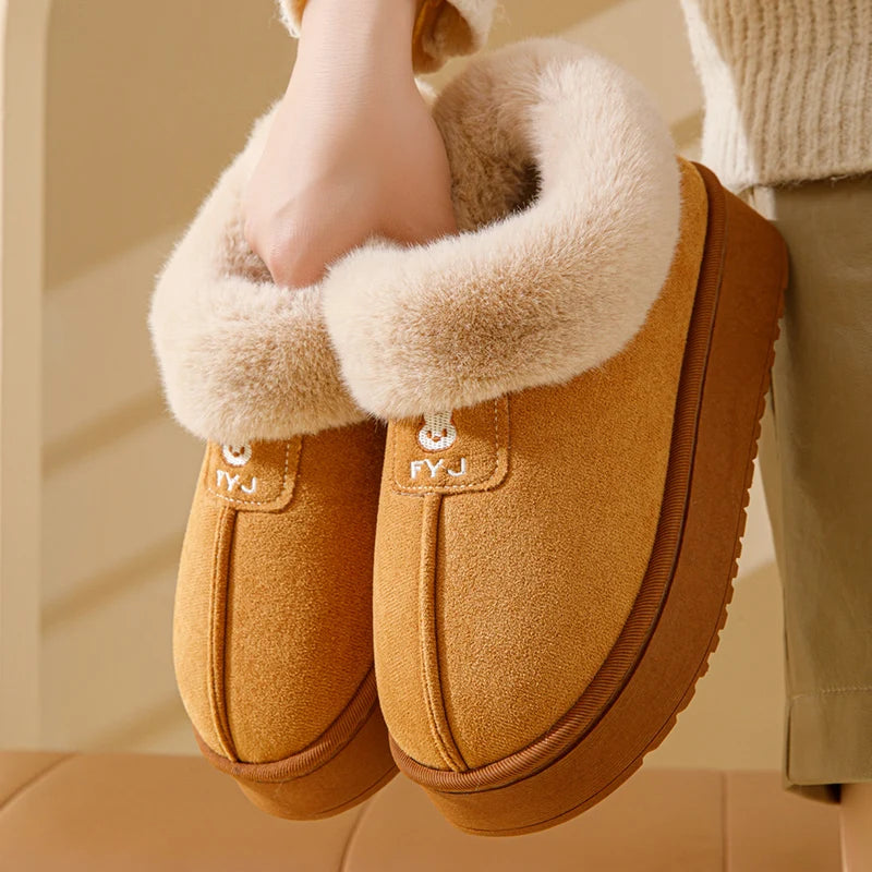 Winter Woman Slippers Plush Anti Slip Sole Thick Bottom Embroider