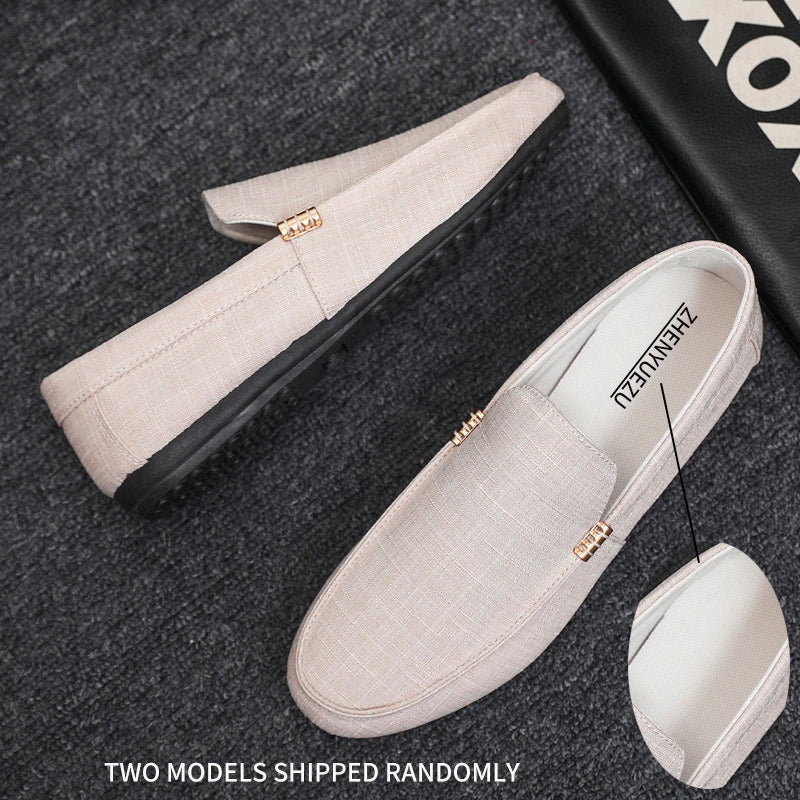 Men's Beige Linen Loafers Gold Buckle Detail Slip Design Breathable Zpaxo