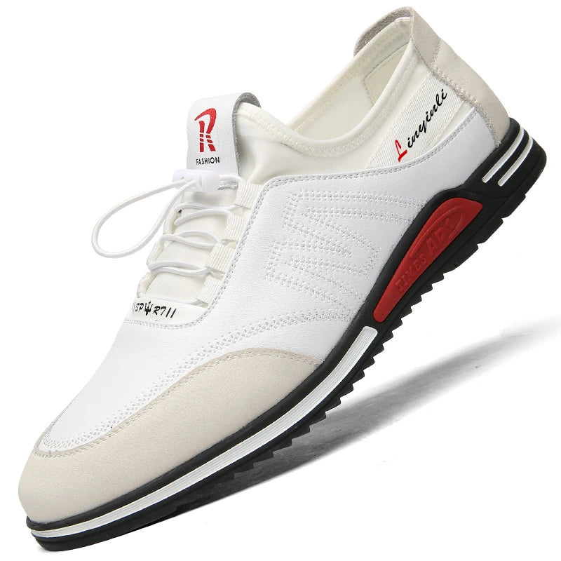 Mens White Casual Sneakers Elastic Drawstring Lace Red Accent Non Zpaxo