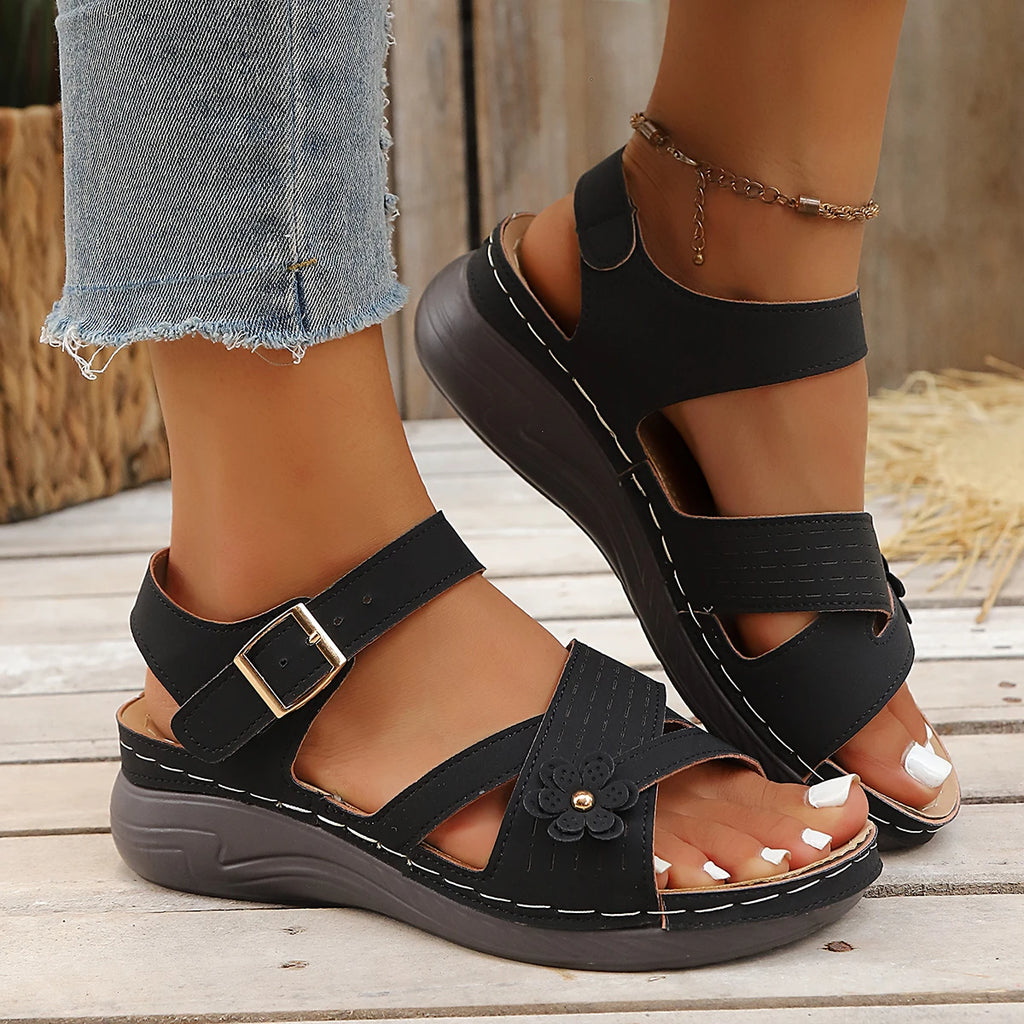 Women Sandals Retro Flower Platform Ankle Buckle Wedge Shoes Woman Zpaxo