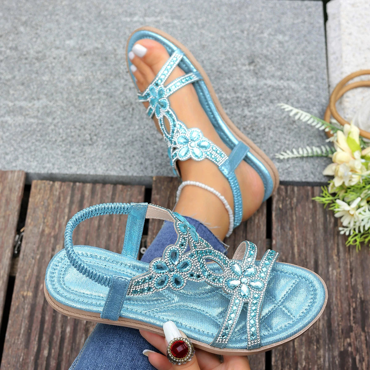 Women's Sandals Fashion Women Summer 2025 Shoes Low Heels Flat Zpaxo Blue 38