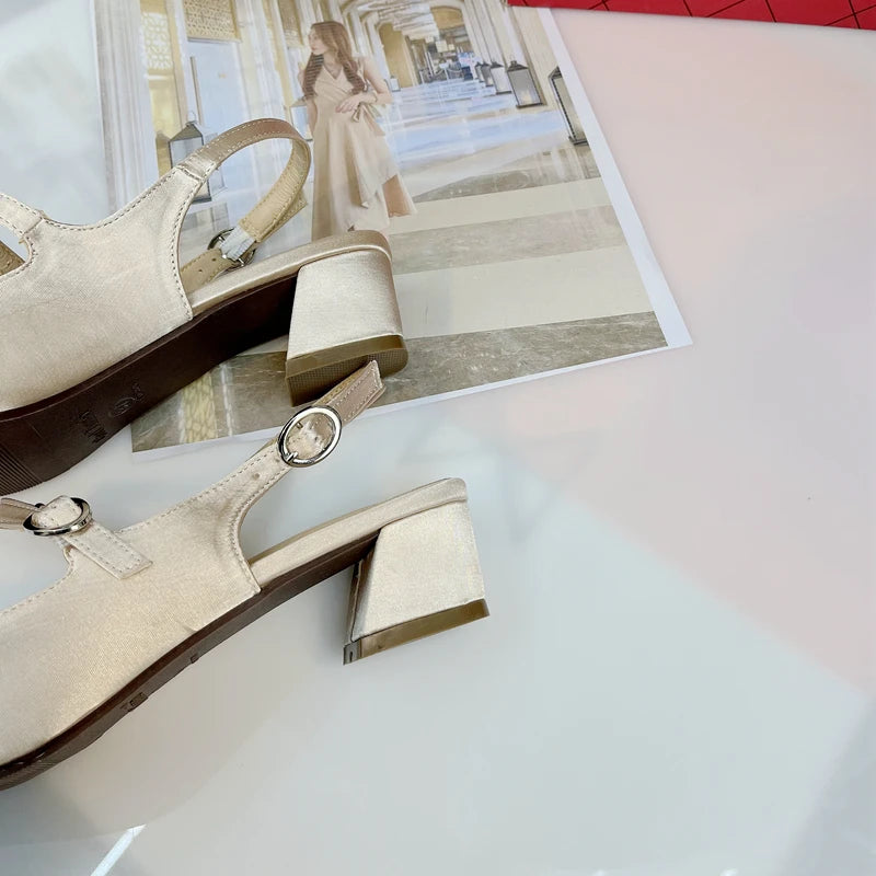 Women's Shoes Single Shoe Women's Silk Satin Thick Heel Square Toe Mary Jane Women's Sandals Lolita Shoes Pink Heels Zpaxo