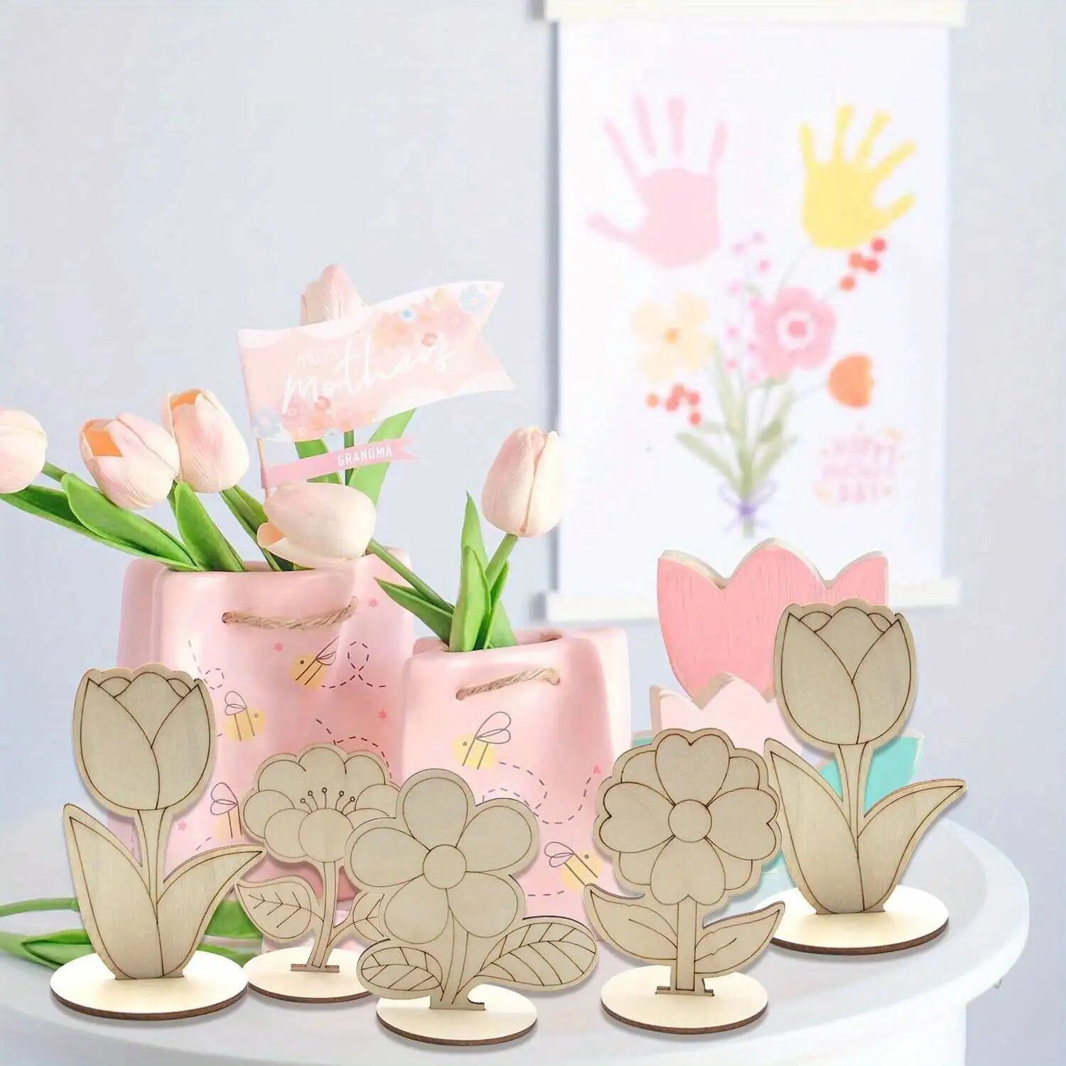 6Pcs/Set Rose/Lily/Sunflower Wooden Ornament Wood DIY Painting Crafts For Spring Happy Easter Party Table Decoration Supply Zpaxo